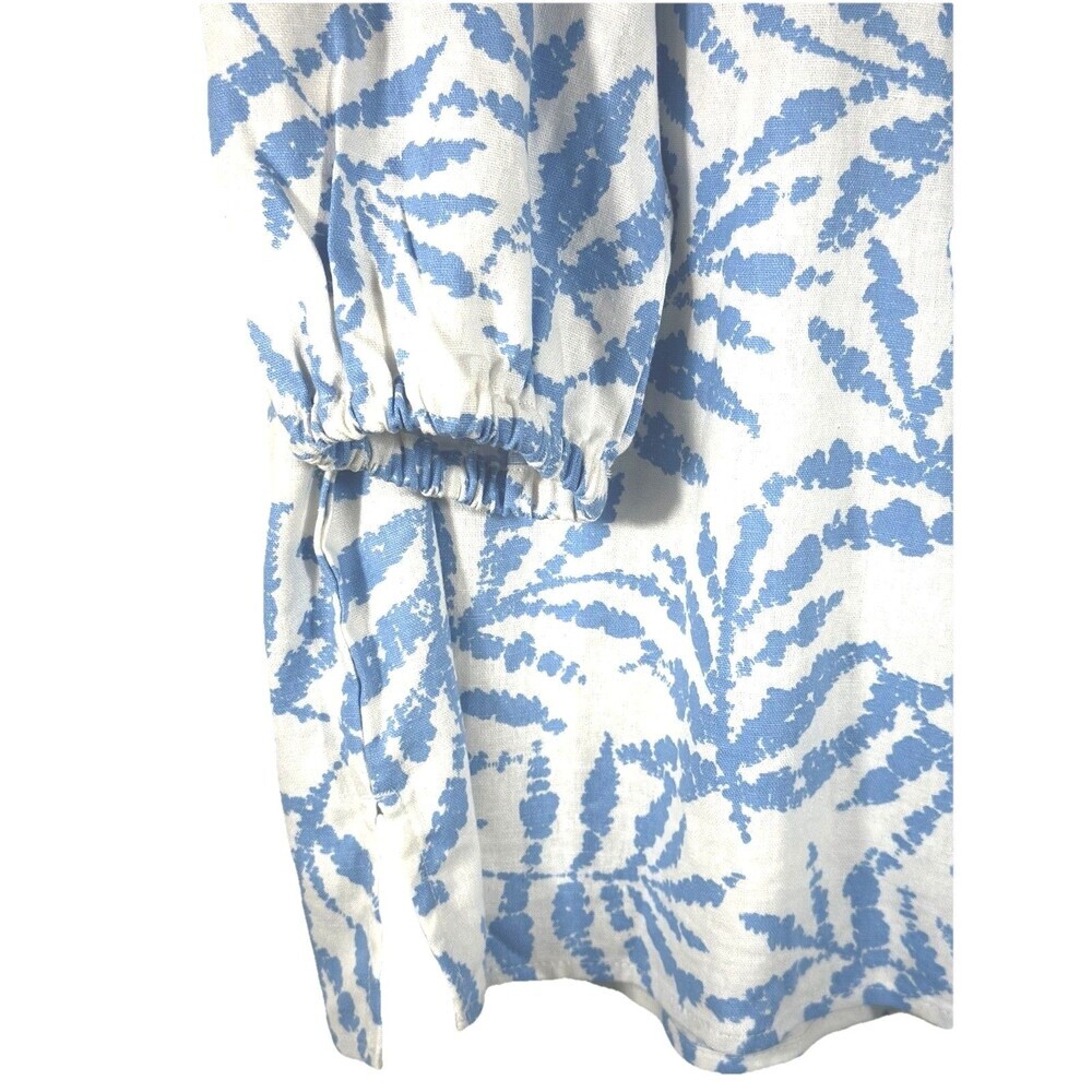 Linen Coastal Palm Print Top Peasant Blouse Blue White M NWT Nine West - Picture 4 of 7